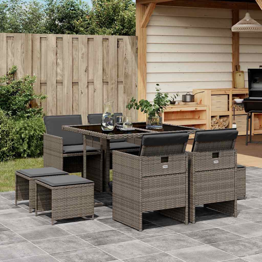 9 Piece Garden Dining Set with Cushions Grey Poly Rattan