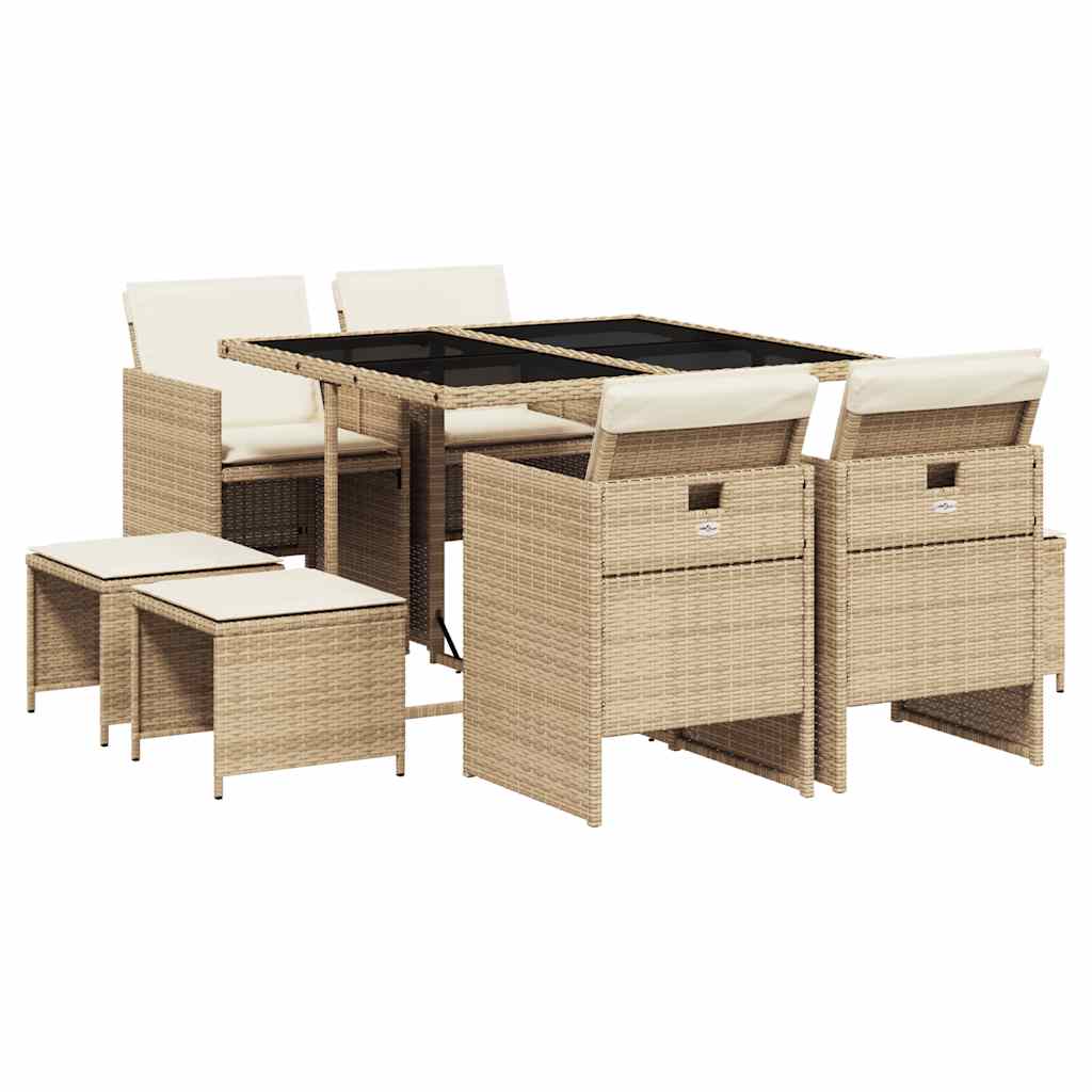 9 Piece Garden Dining Set with Cushions Beige Poly Rattan