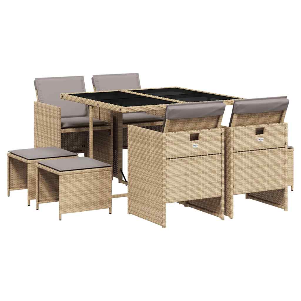 9 Piece Garden Dining Set with Cushions Mix Beige Poly Rattan