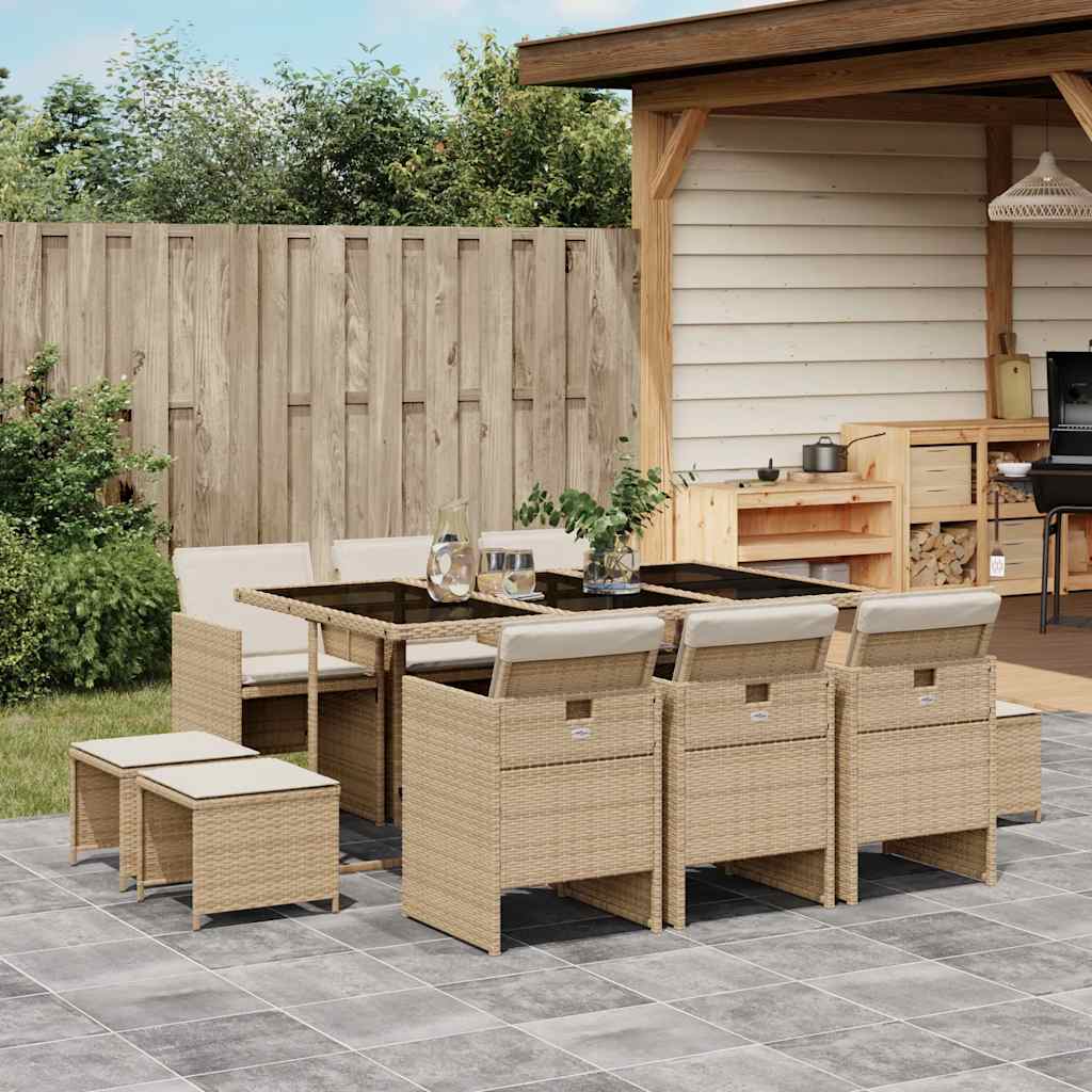 11 Piece Garden Dining Set with Cushions Beige Poly Rattan