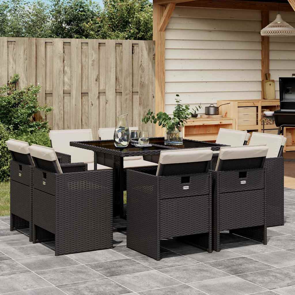 9 Piece Garden Dining Set with Cushions Black Poly Rattan