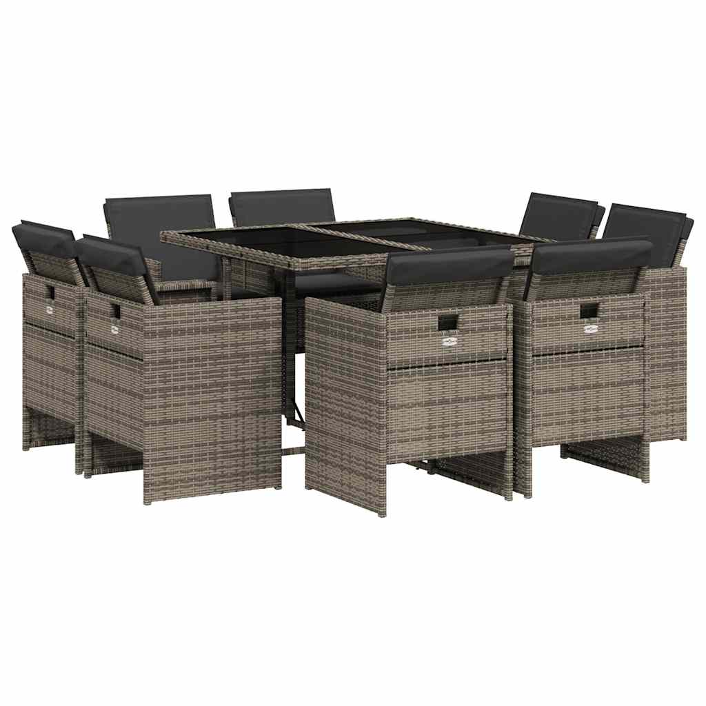 9 Piece Garden Dining Set with Cushions Grey Poly Rattan