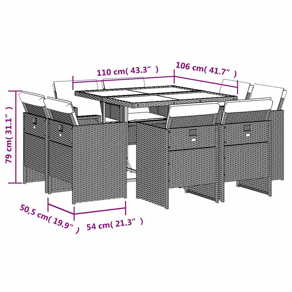 9 Piece Garden Dining Set with Cushions Grey Poly Rattan