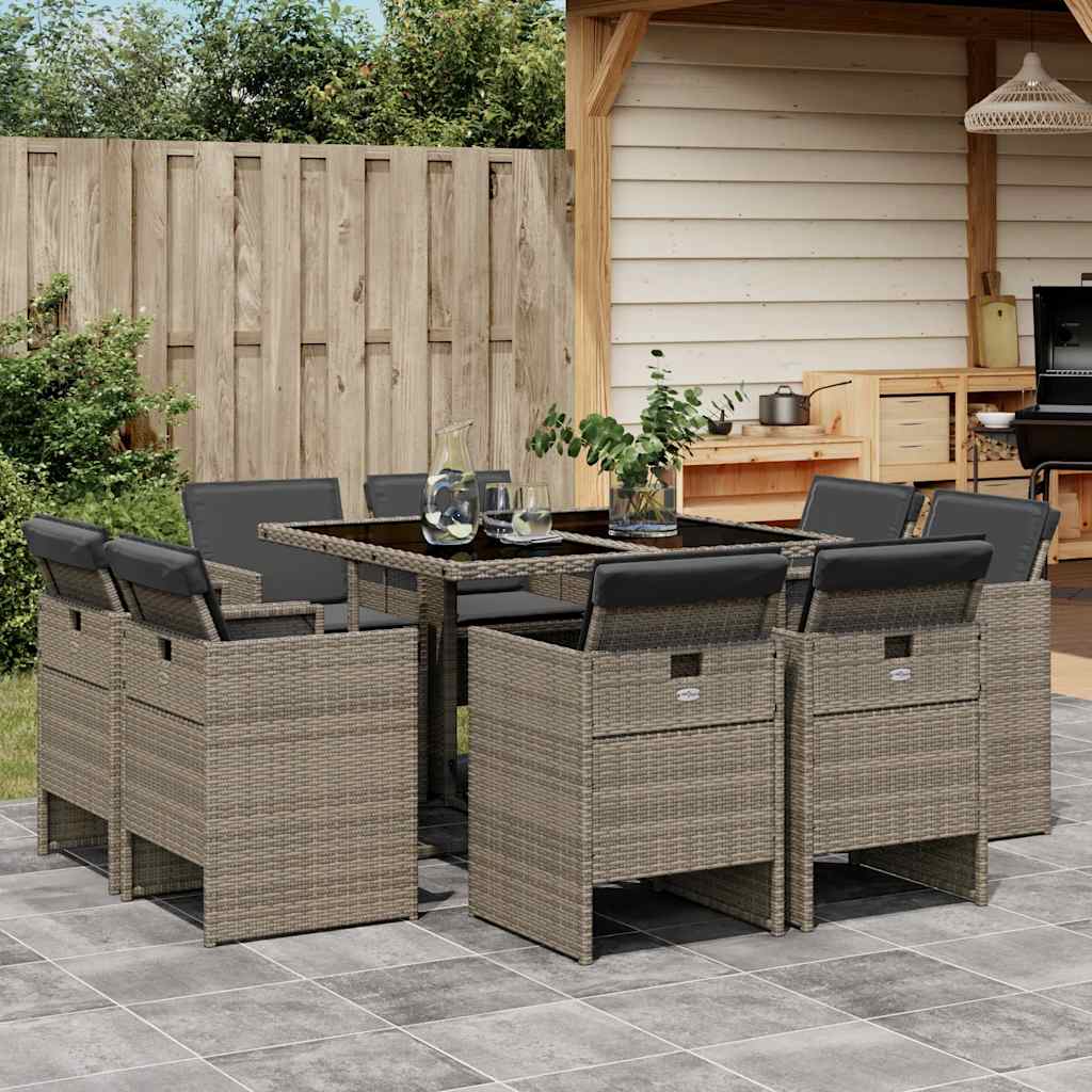 9 Piece Garden Dining Set with Cushions Grey Poly Rattan