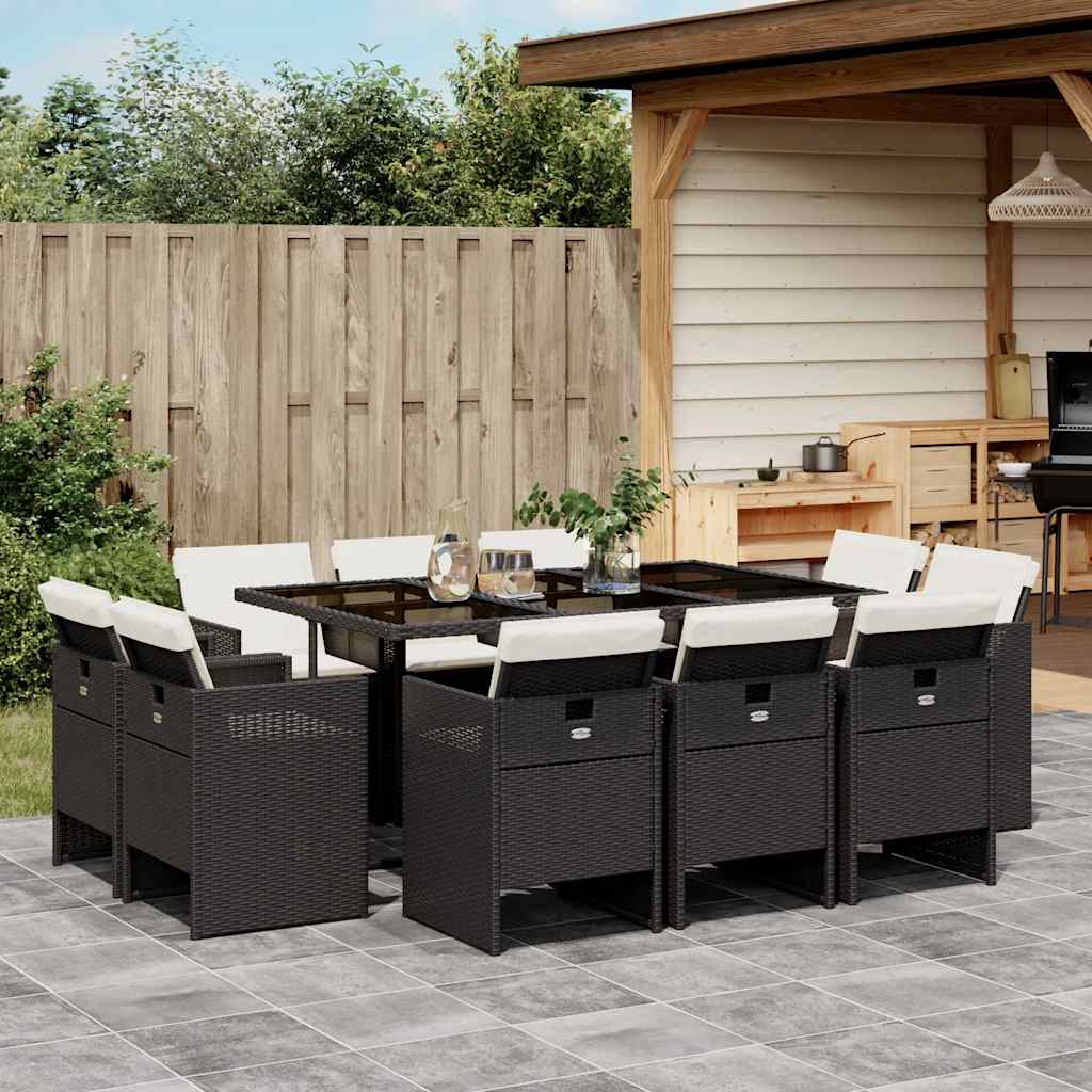 11 Piece Garden Dining Set with Cushions Black Poly Rattan