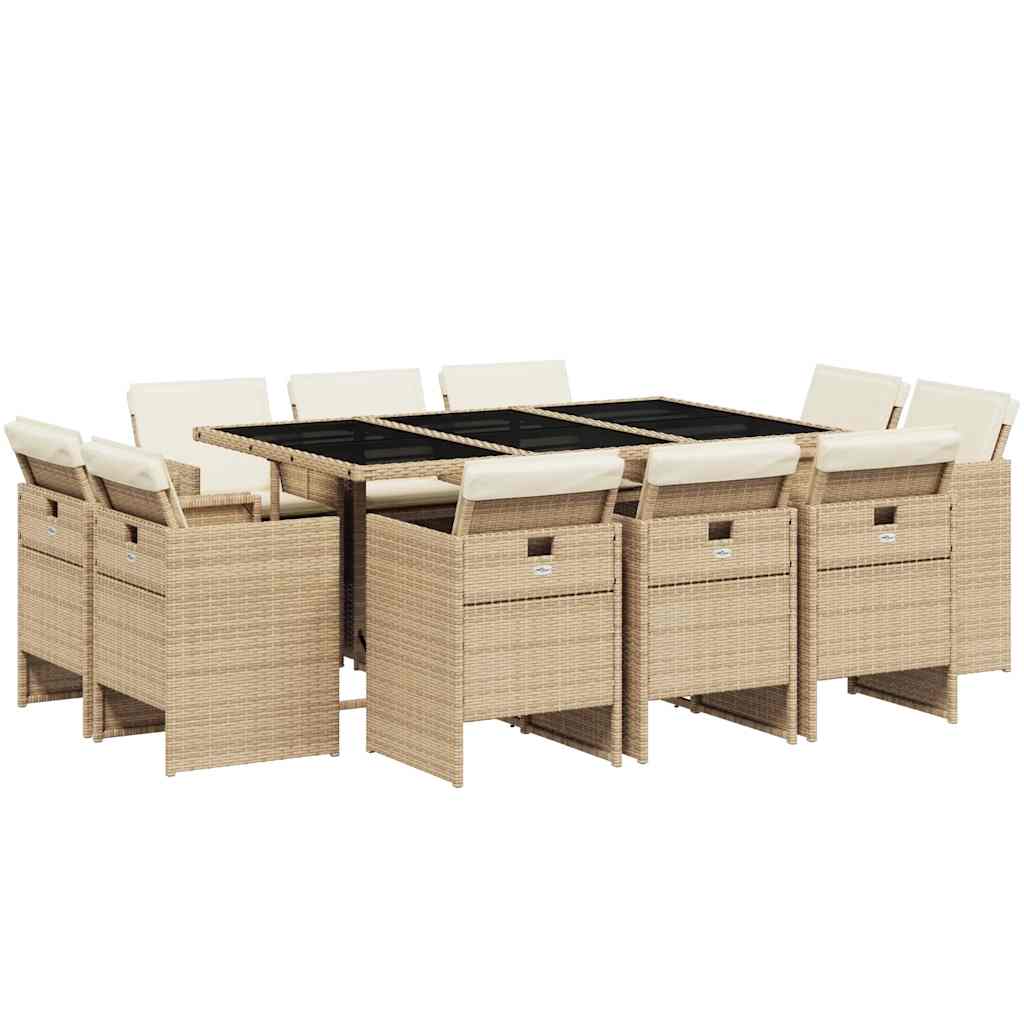 11 Piece Garden Dining Set with Cushions Beige Poly Rattan