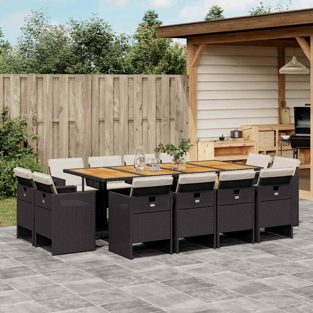 13 Piece Garden Dining Set with Cushions Black Poly Rattan