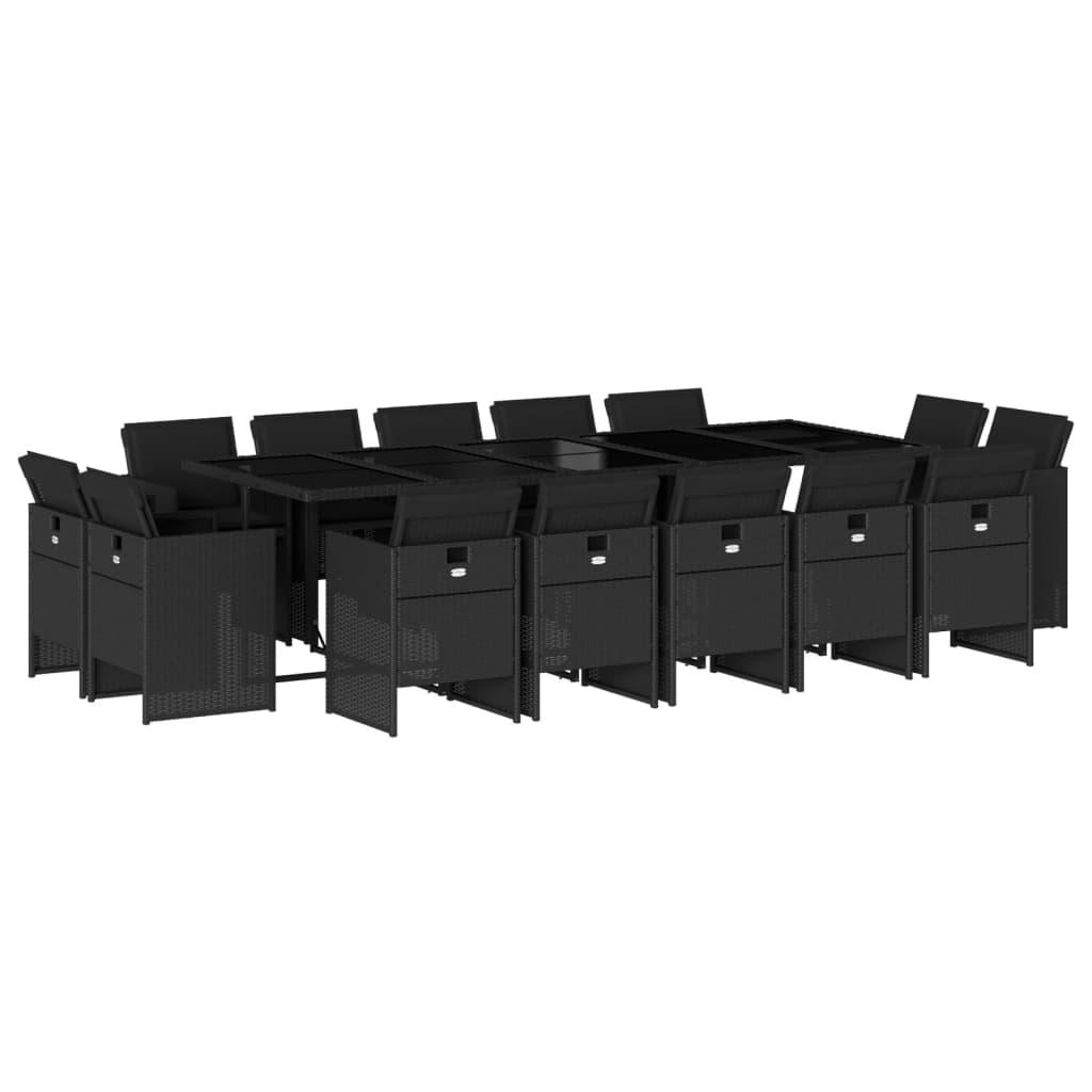 15 Piece Garden Dining Set with Cushions Black Poly Rattan