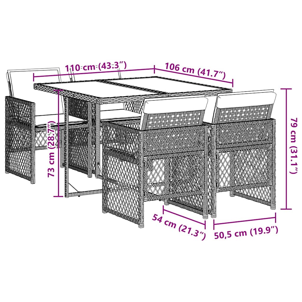 5 Piece Garden Dining Set with Cushions Grey Poly Rattan