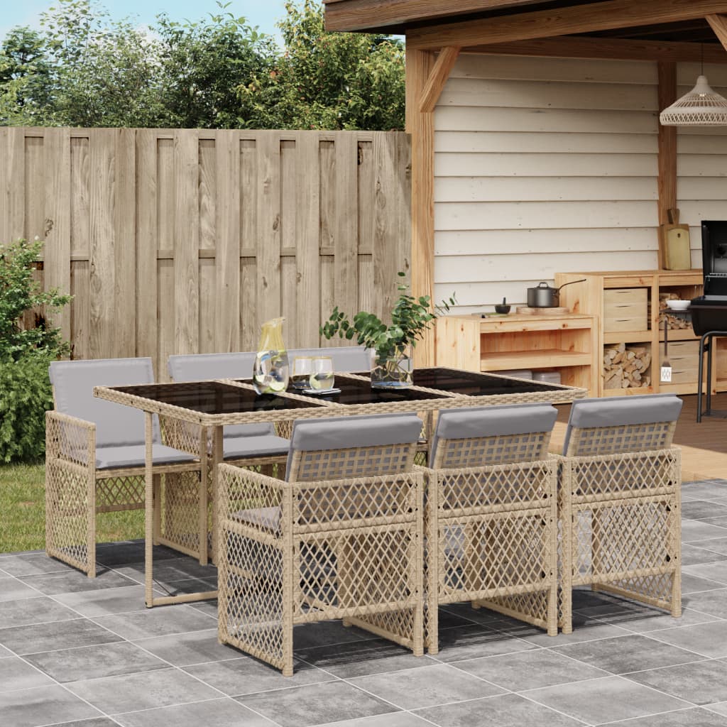 7 Piece Garden Dining Set with Cushions Beige Poly Rattan
