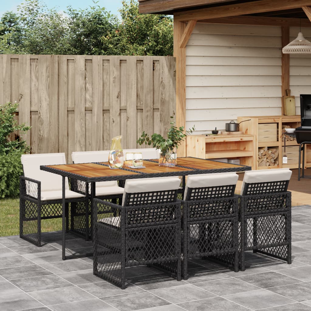7 Piece Garden Dining Set with Cushions Black Poly Rattan