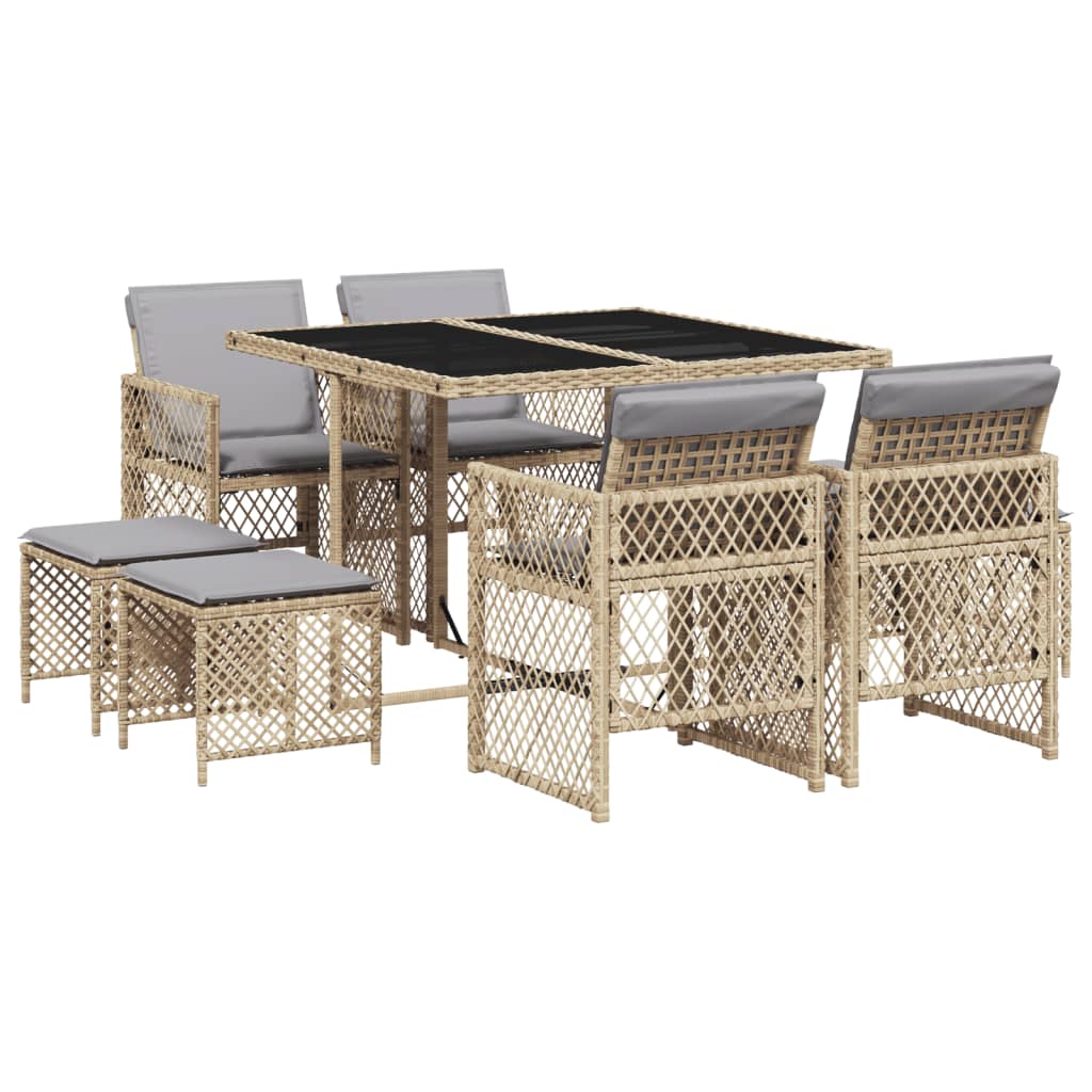 9 Piece Garden Dining Set with Cushions Beige Poly Rattan
