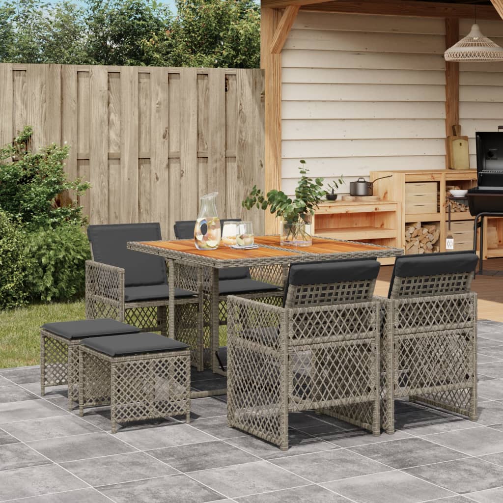 9 Piece Garden Dining Set with Cushions Grey Poly Rattan