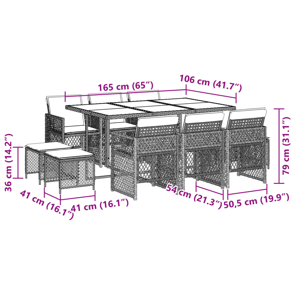 11 Piece Garden Dining Set with Cushions Grey Poly Rattan