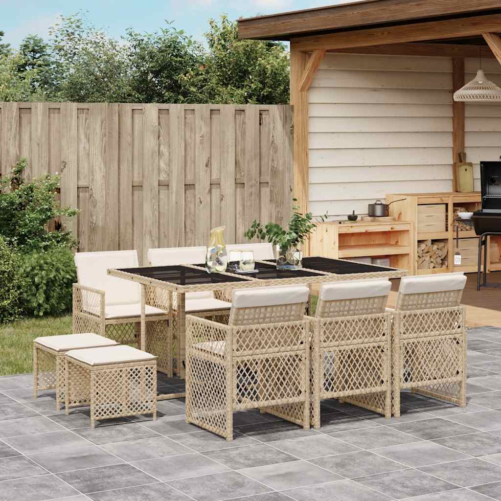 11 Piece Garden Dining Set with Cushions Beige Poly Rattan