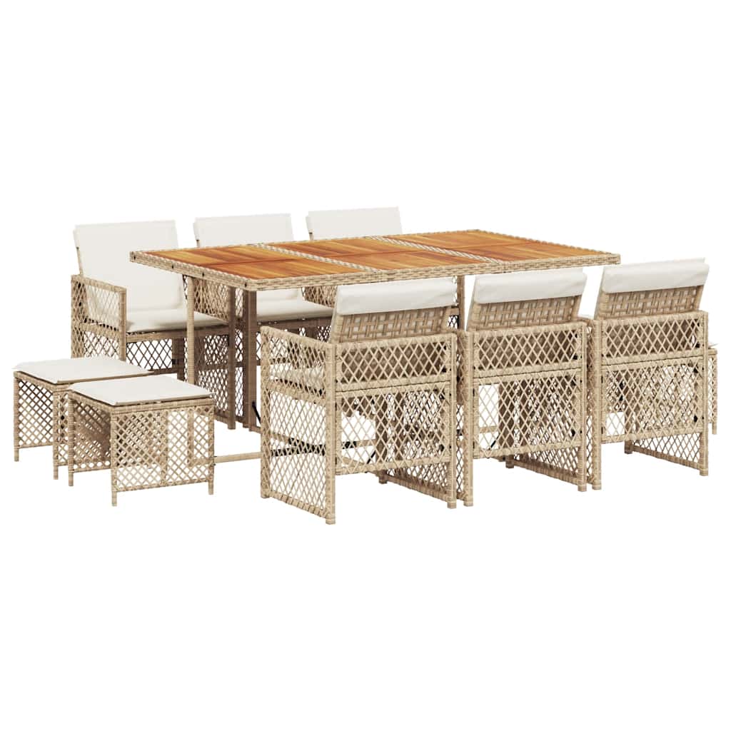11 Piece Garden Dining Set with Cushions Beige Poly Rattan