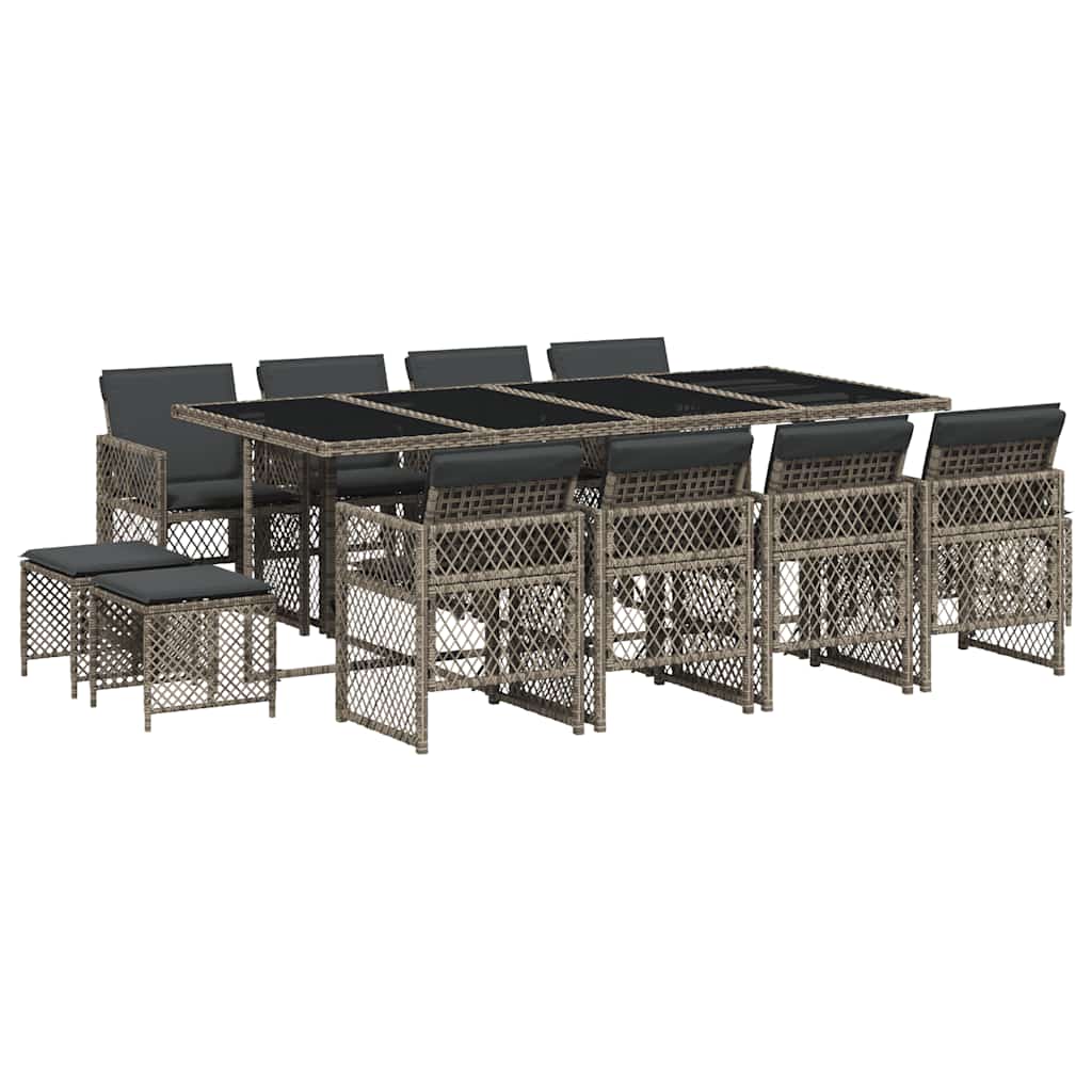 13 Piece Garden Dining Set with Cushions Grey Poly Rattan