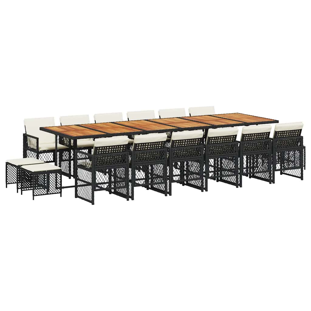 17 Piece Garden Dining Set with Cushions Black Poly Rattan