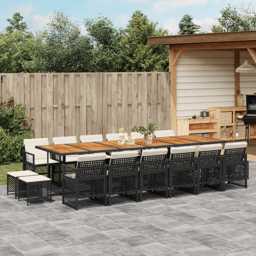17 Piece Garden Dining Set with Cushions Black Poly Rattan