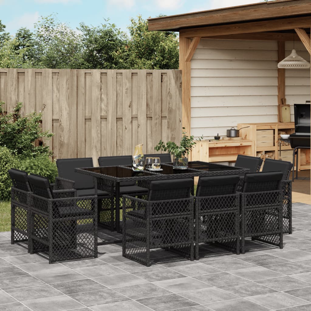 11 Piece Garden Dining Set with Cushions Black Poly Rattan