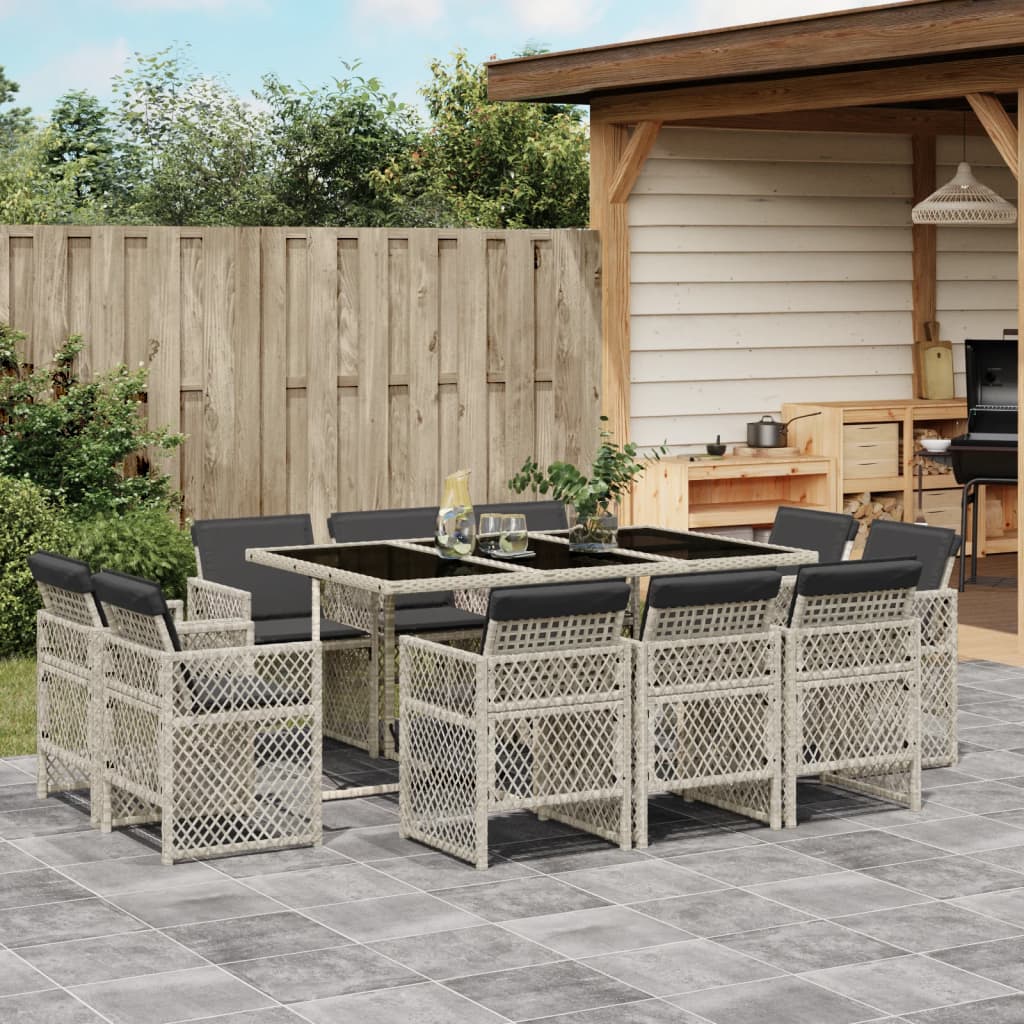 11 Piece Garden Dining Set with Cushions Light Grey Poly Rattan