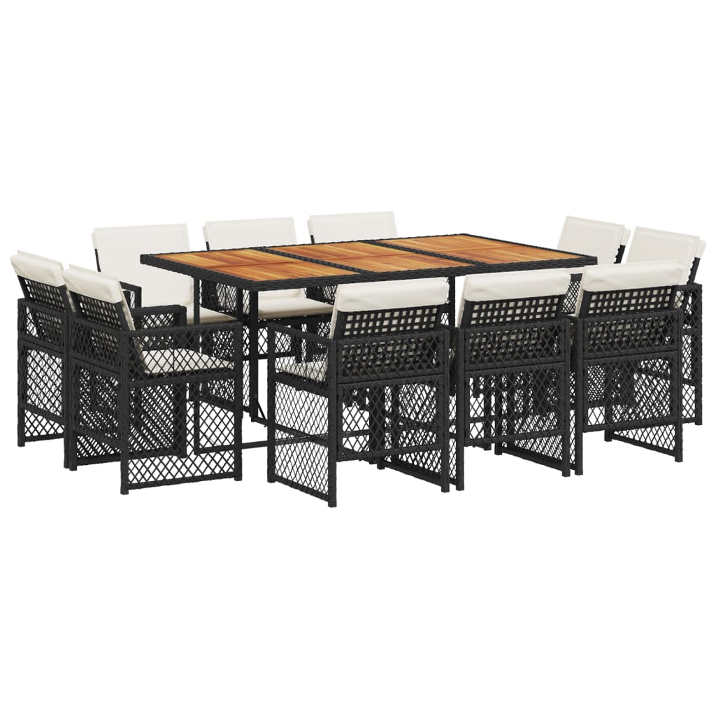 11 Piece Garden Dining Set with Cushions Black Poly Rattan