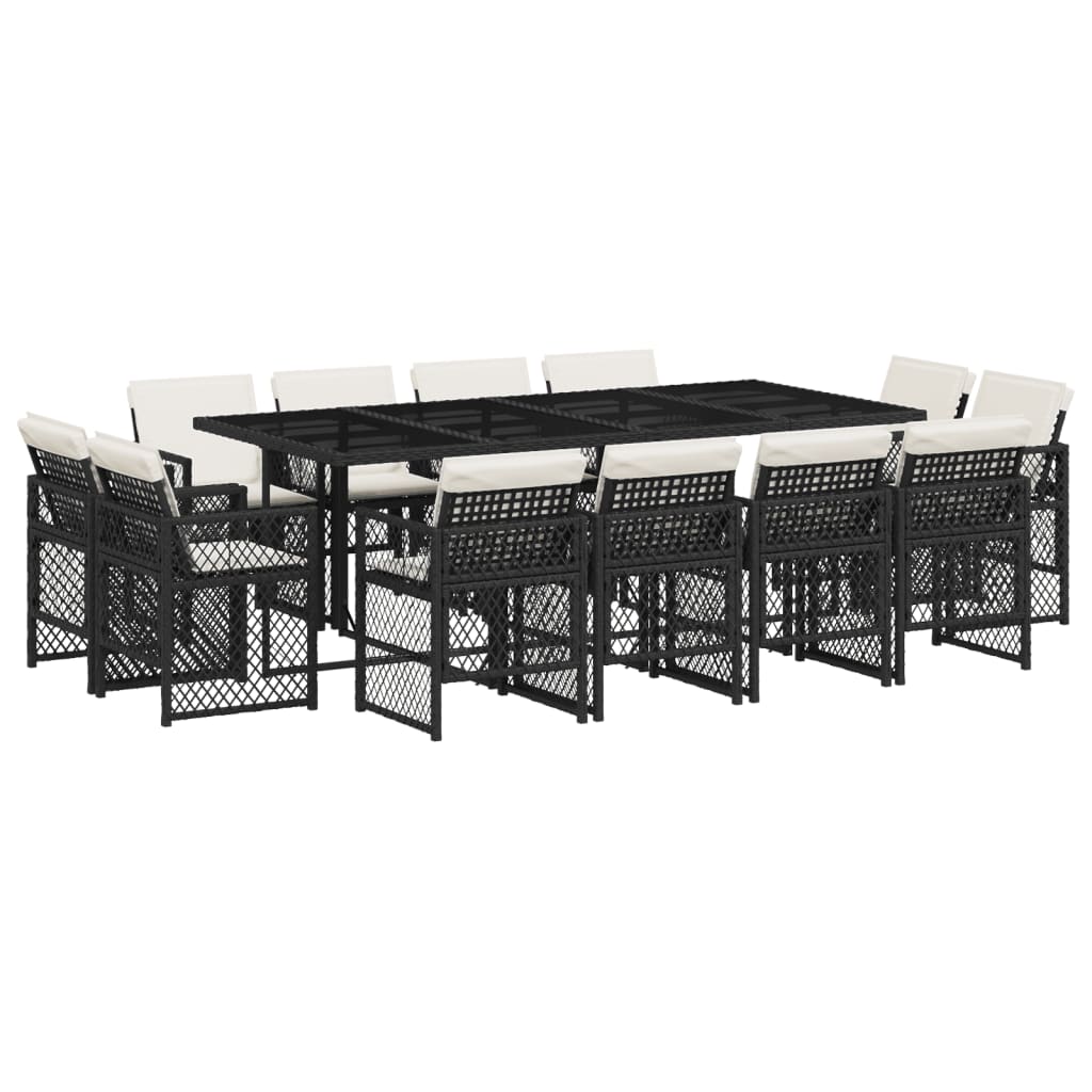 13 Piece Garden Dining Set with Cushions Black Poly Rattan