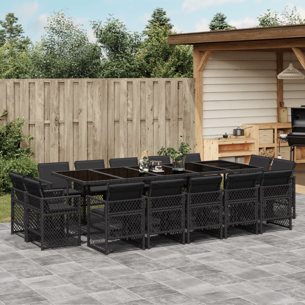 15 Piece Garden Dining Set with Cushions Black Poly Rattan