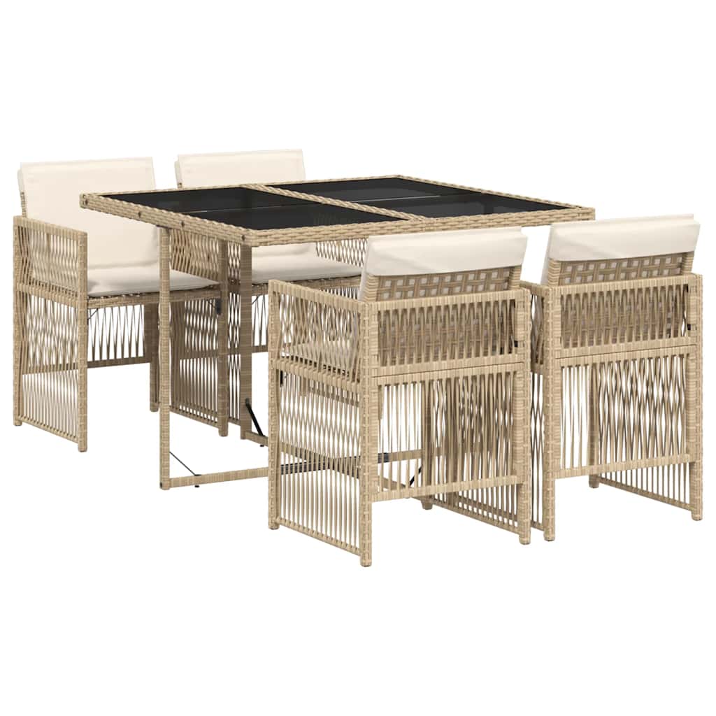 5 Piece Garden Dining Set with Cushions Beige Poly Rattan