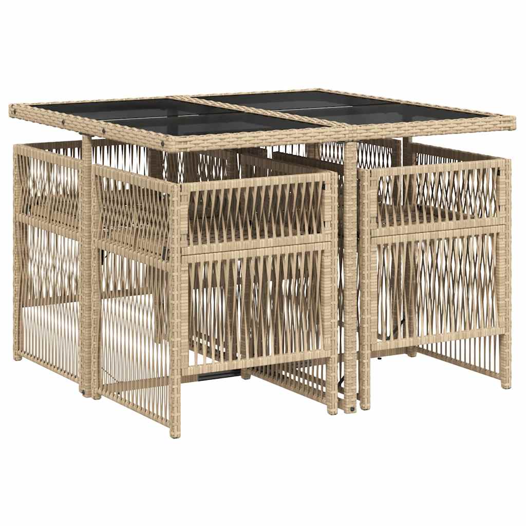 5 Piece Garden Dining Set with Cushions Beige Poly Rattan