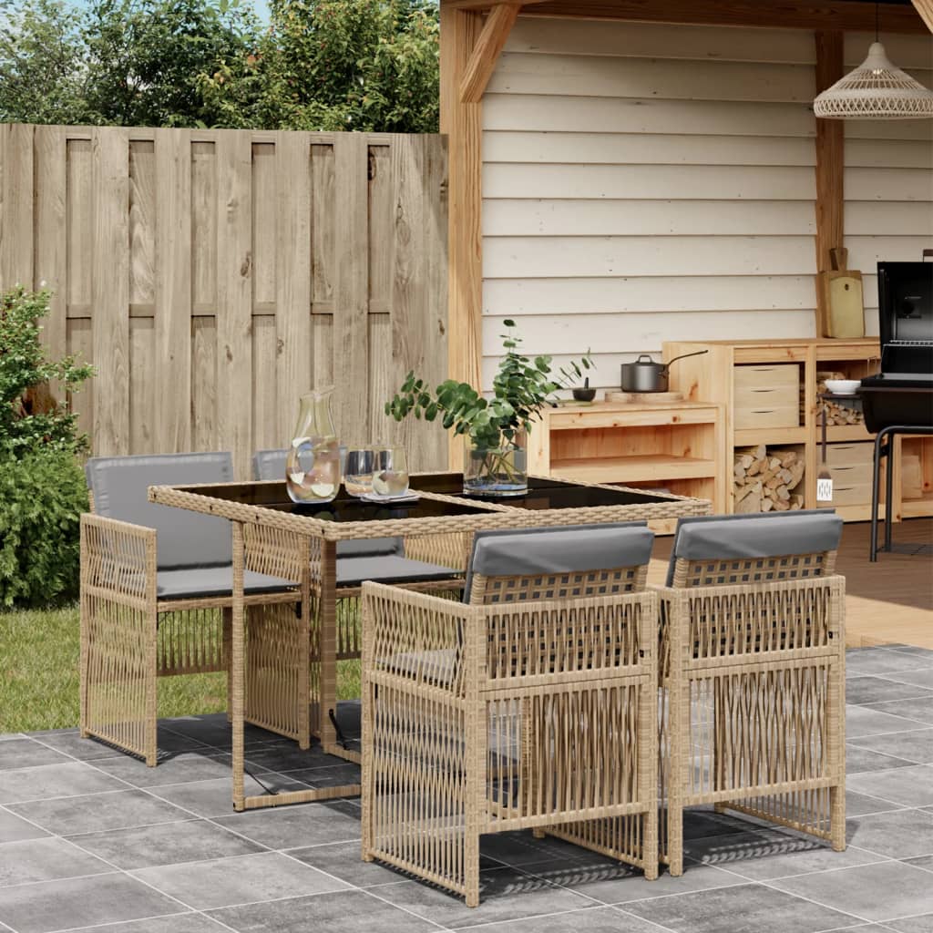 5 Piece Garden Dining Set with Cushions Mix Beige Poly Rattan