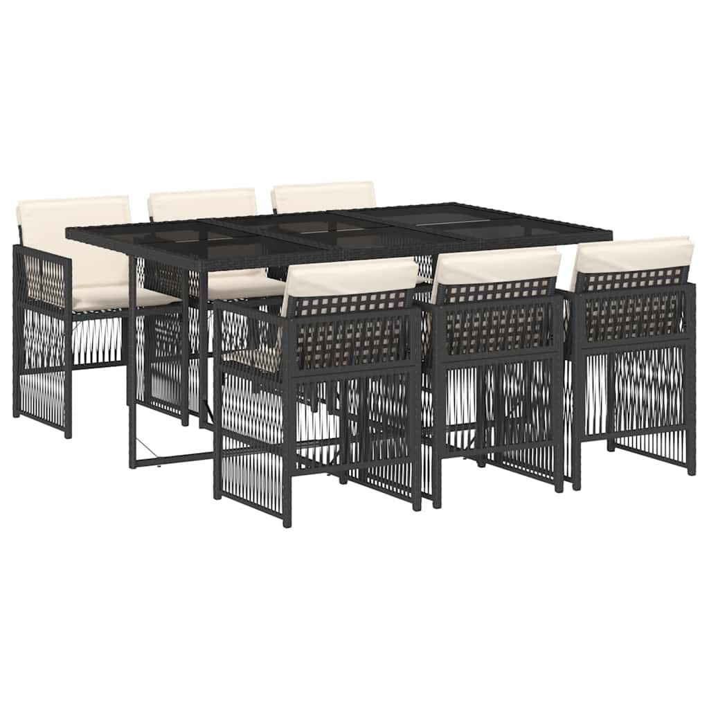 7 Piece Garden Dining Set with Cushions Black Poly Rattan