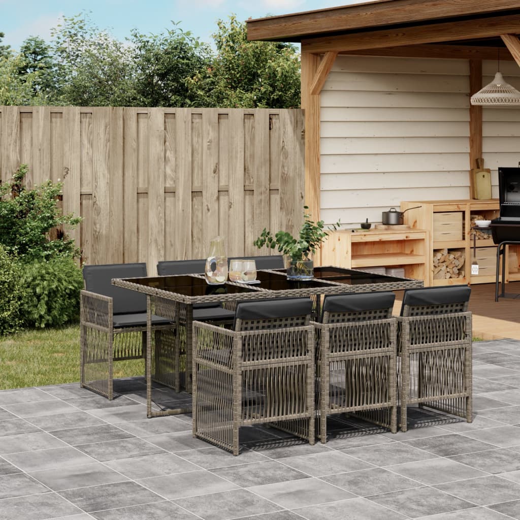 7 Piece Garden Dining Set with Cushions Grey Poly Rattan
