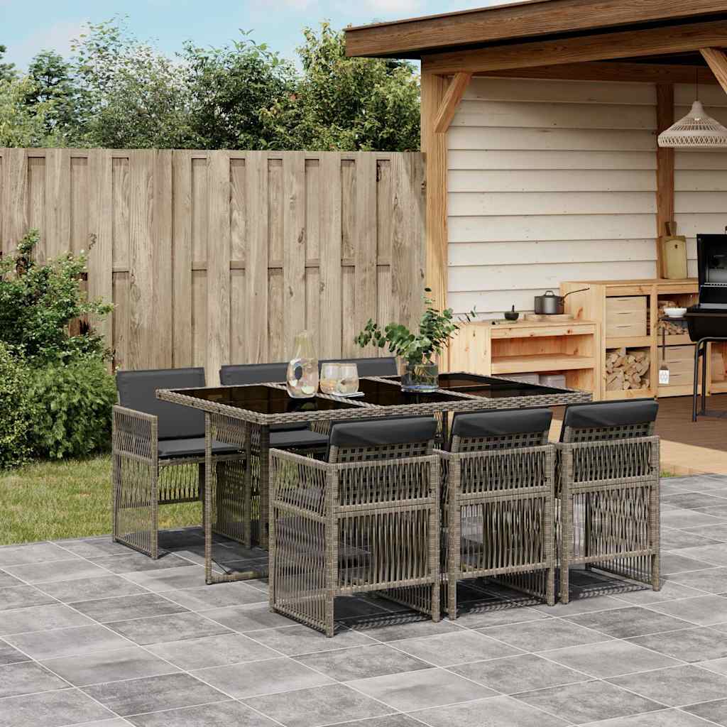 7 Piece Garden Dining Set with Cushions Grey Poly Rattan