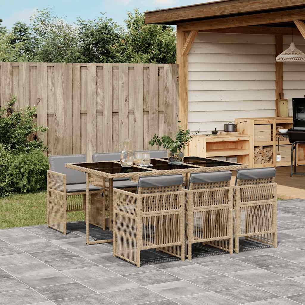 7 Piece Garden Dining Set with Cushions Mix Beige Poly Rattan