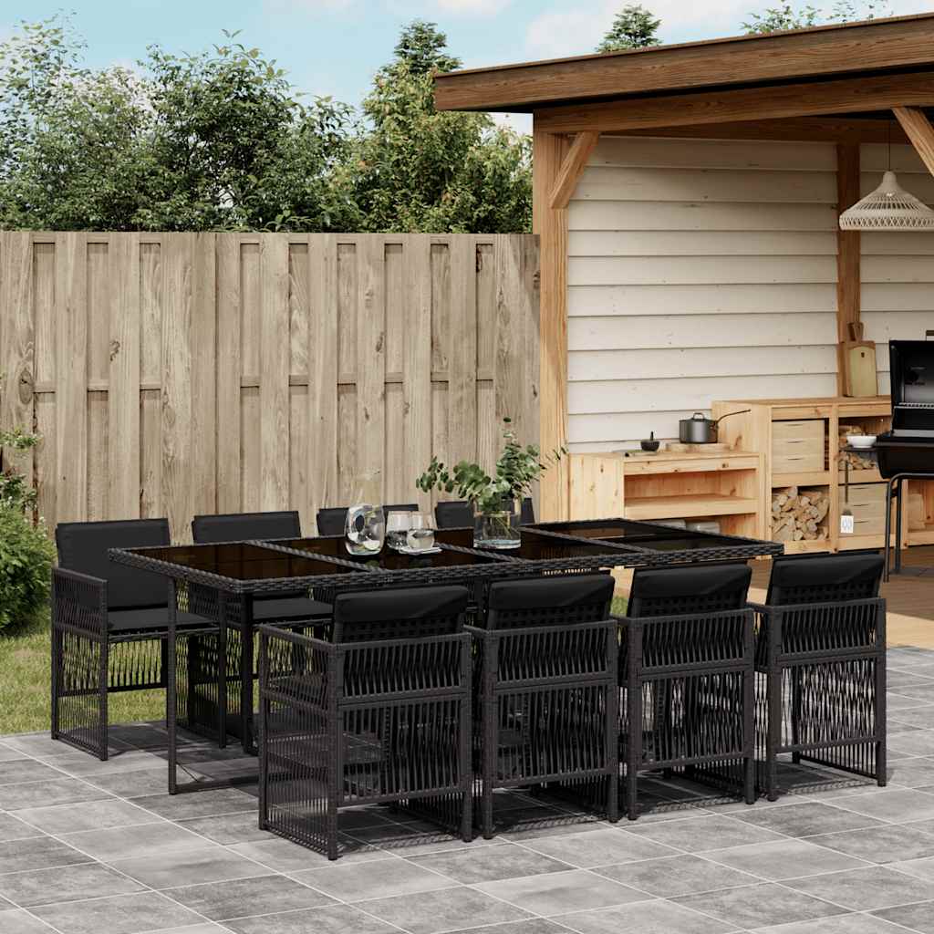 9 Piece Garden Dining Set with Cushions Black Poly Rattan