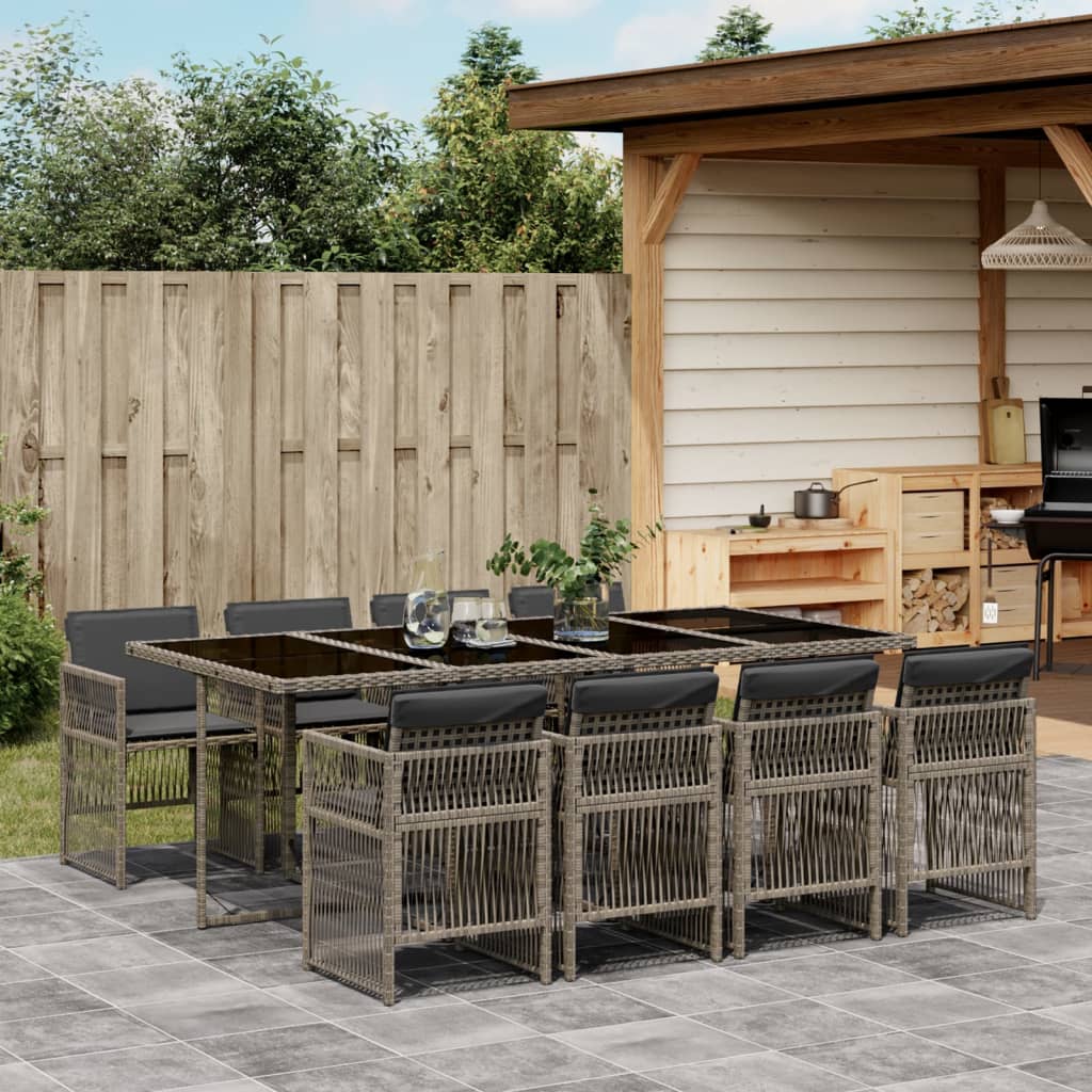 9 Piece Garden Dining Set with Cushions Grey Poly Rattan