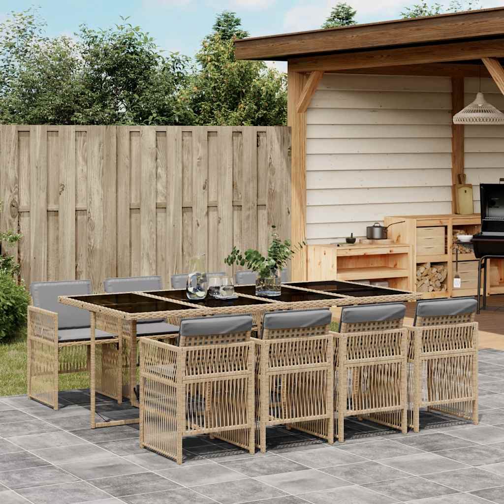 9 Piece Garden Dining Set with Cushions Mix Beige Poly Rattan