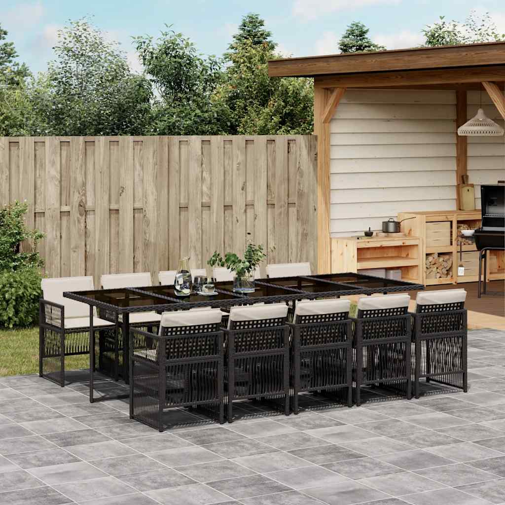 11 Piece Garden Dining Set with Cushions Black Poly Rattan