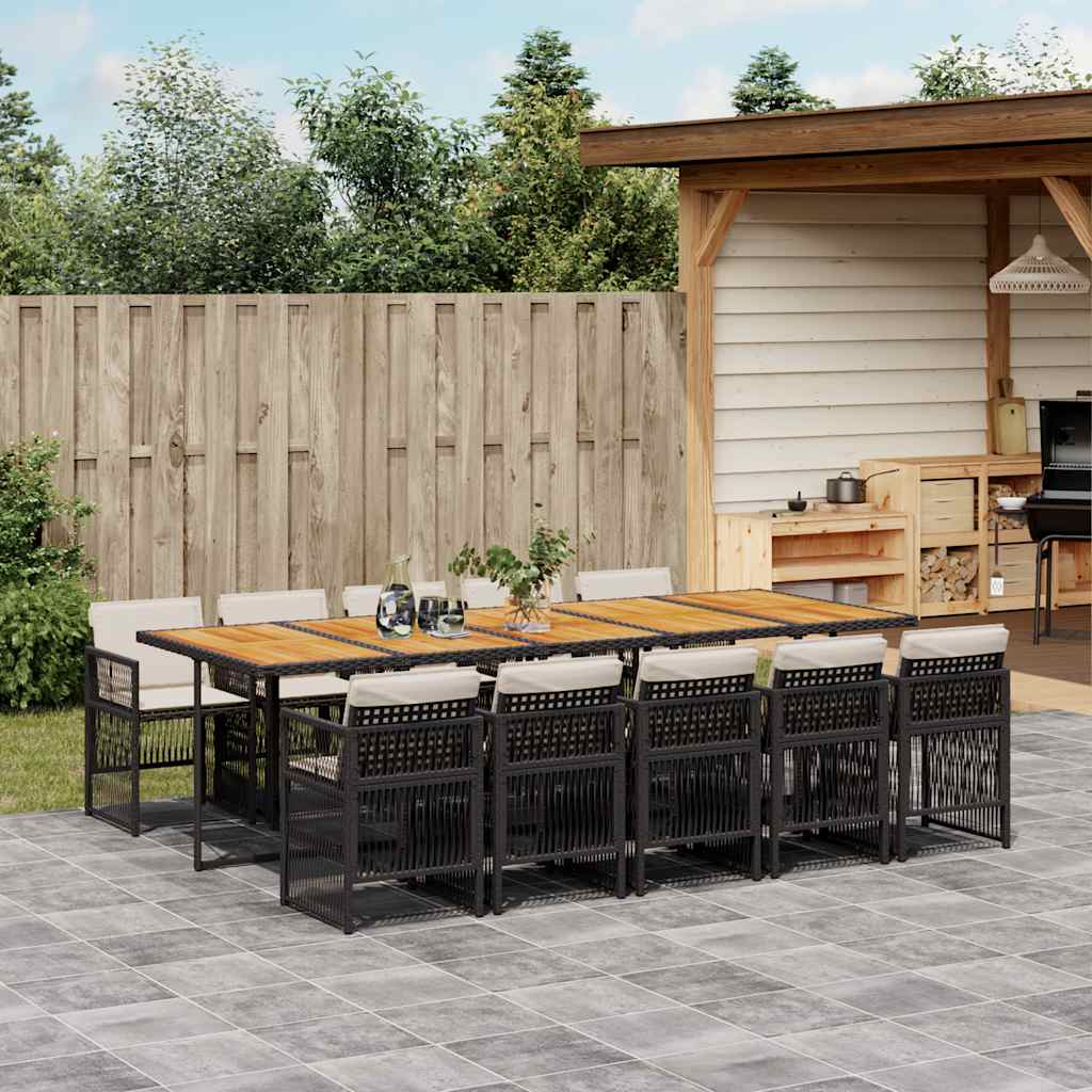 11 Piece Garden Dining Set with Cushions Black Poly Rattan