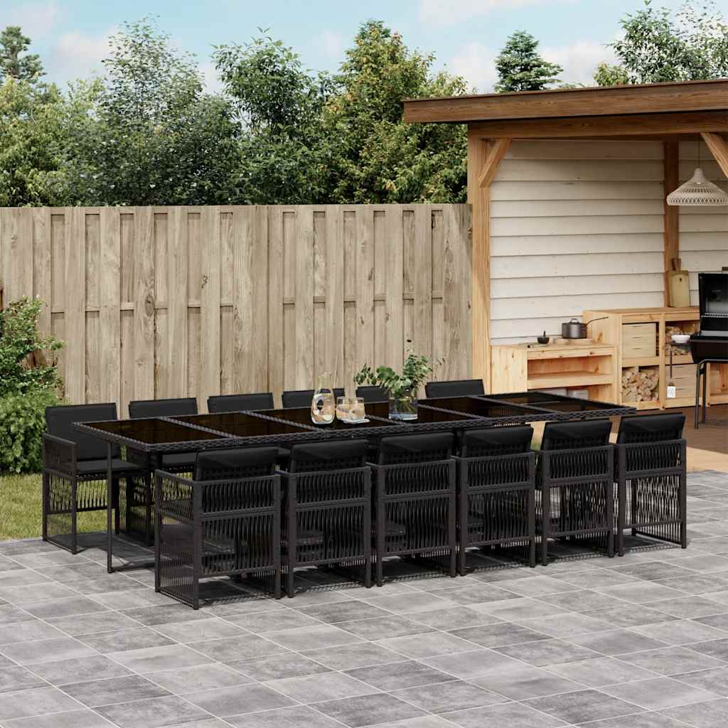 13 Piece Garden Dining Set with Cushions Black Poly Rattan