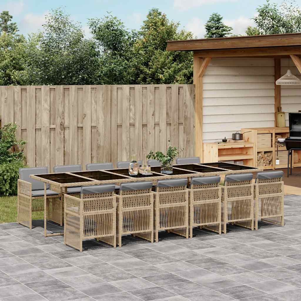 13 Piece Garden Dining Set with Cushions Mix Beige Poly Rattan
