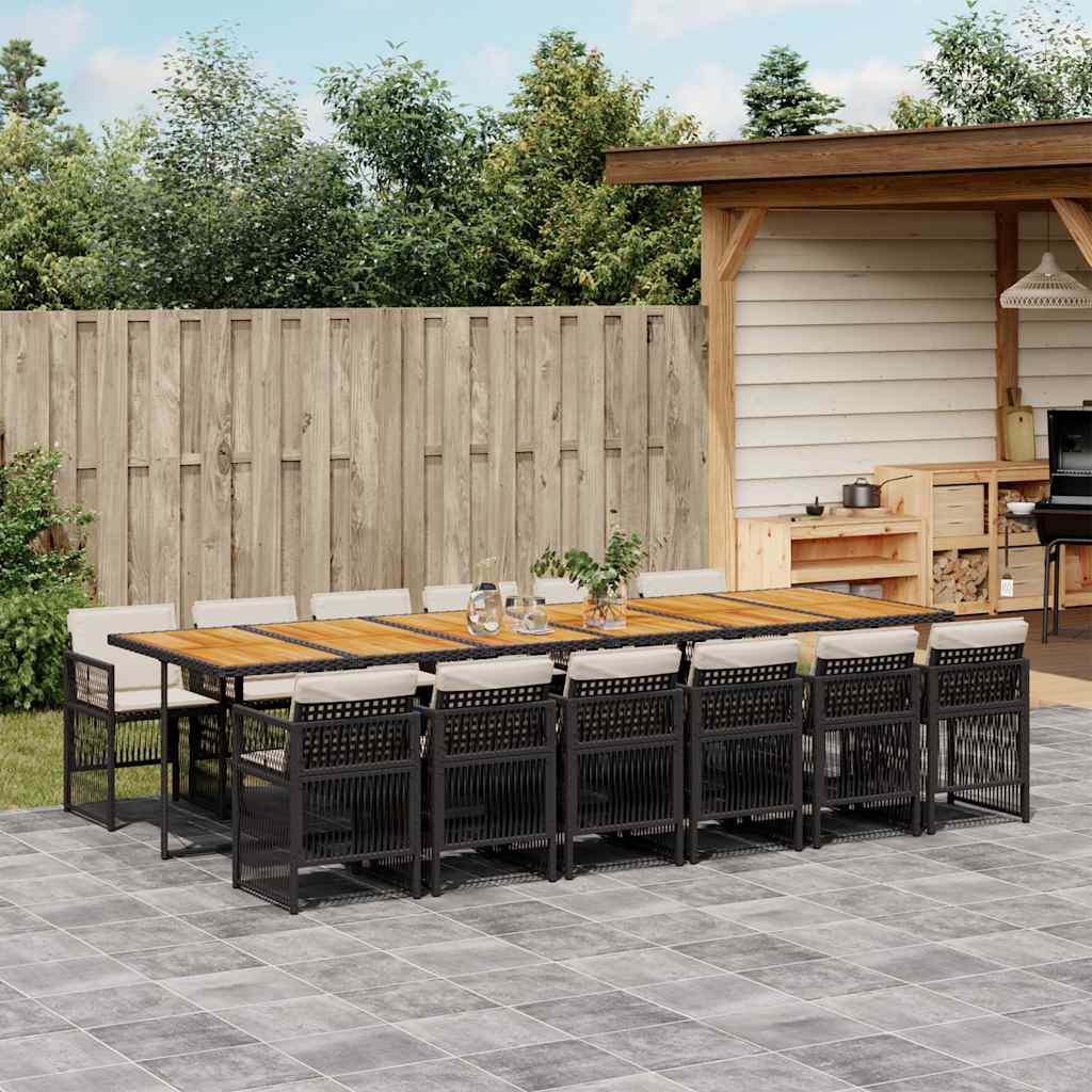 13 Piece Garden Dining Set with Cushions Black Poly Rattan
