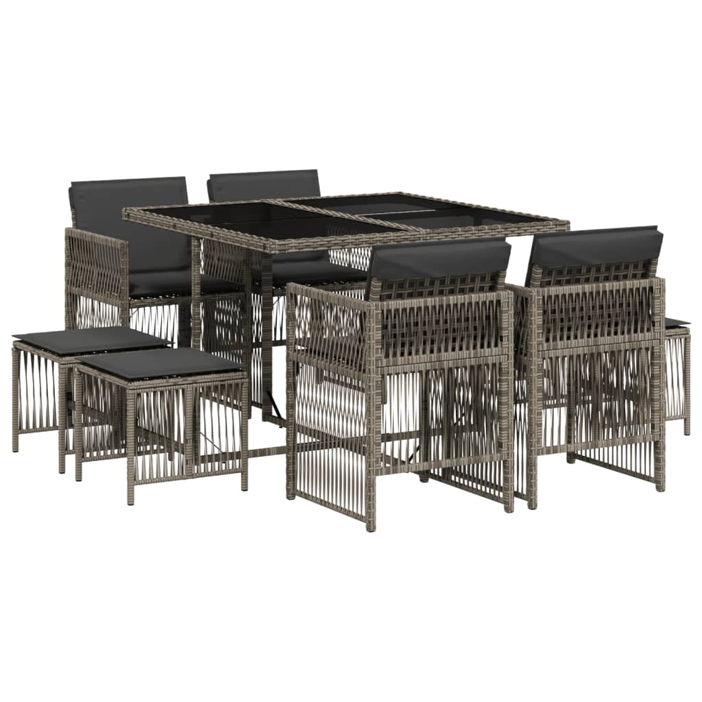 9 Piece Garden Dining Set with Cushions Grey Poly Rattan