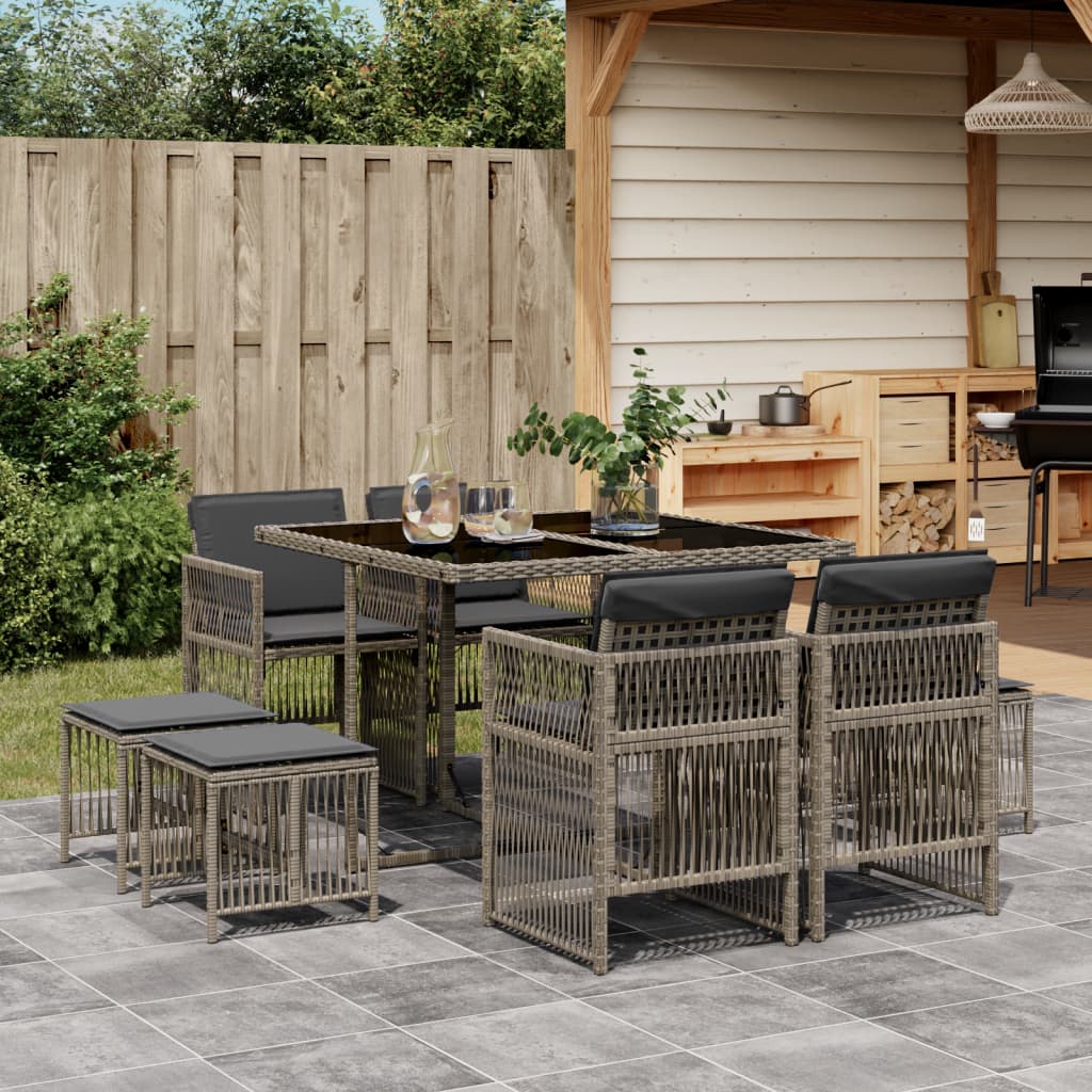 9 Piece Garden Dining Set with Cushions Grey Poly Rattan