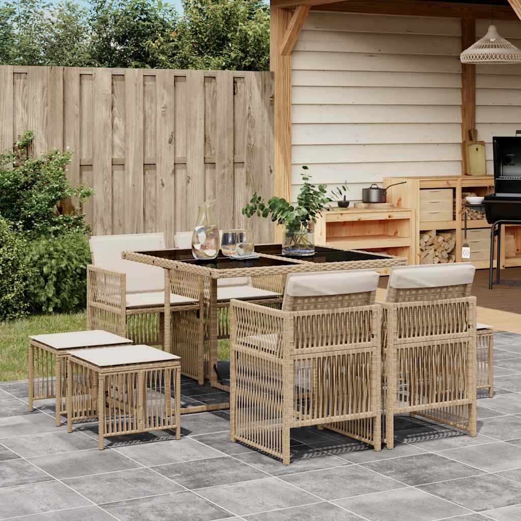 9 Piece Garden Dining Set with Cushions Beige Poly Rattan