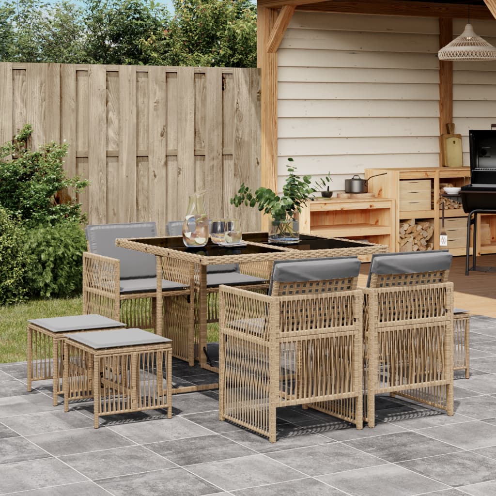 9 Piece Garden Dining Set with Cushions Mix Beige Poly Rattan