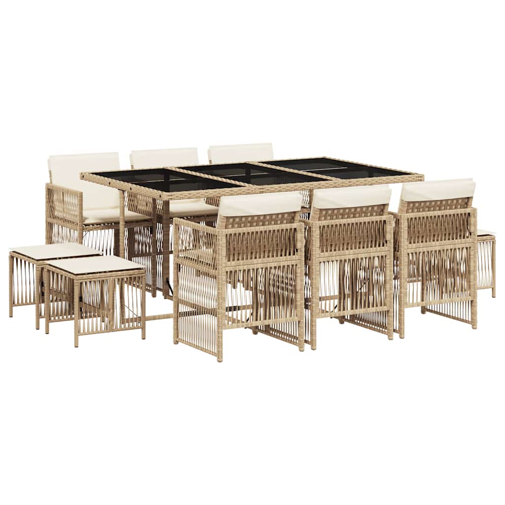 11 Piece Garden Dining Set with Cushions Beige Poly Rattan