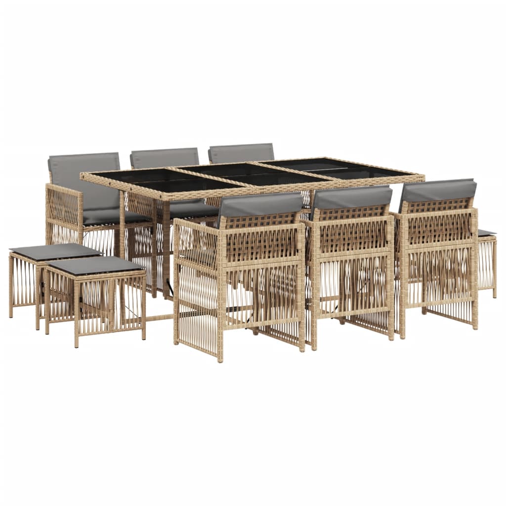11 Piece Garden Dining Set with Cushions Mix Beige Poly Rattan