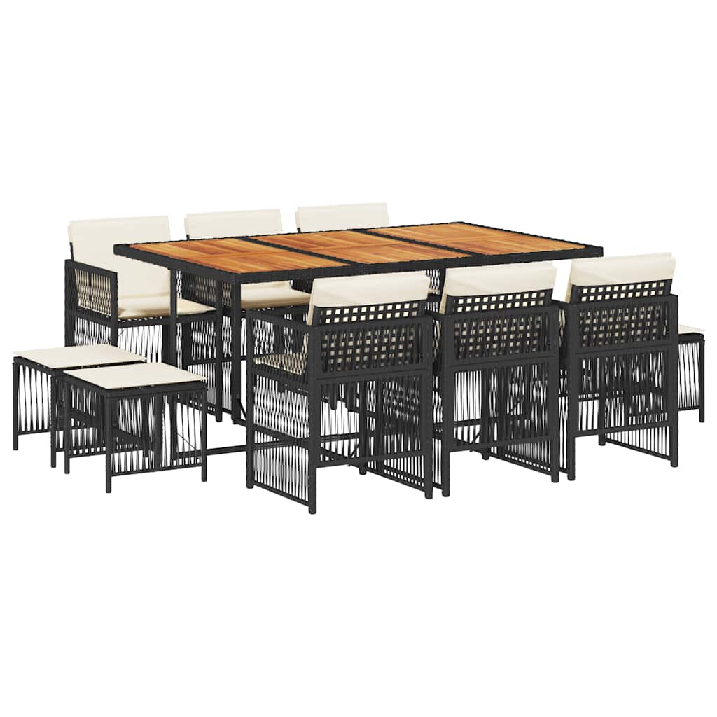 11 Piece Garden Dining Set with Cushions Black Poly Rattan